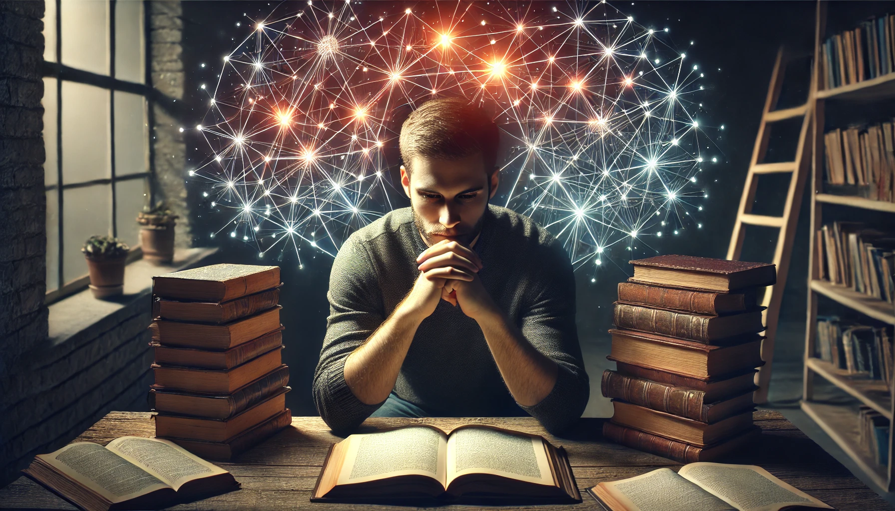 DALL·E 2024-07-25 08.41.18 – A man sitting at a desk with an open book in front of him, surrounded by stacks of books. He is deep in thought, with his hands resting under his chin